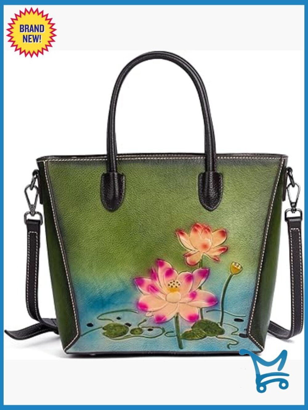 Genuine Leather Satchel Handbag with Hand-Embossed Floral Detachable Crossbody